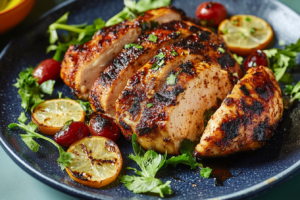 Blackened chicken recipe with crispy charred crust, garnished with herbs and lemon